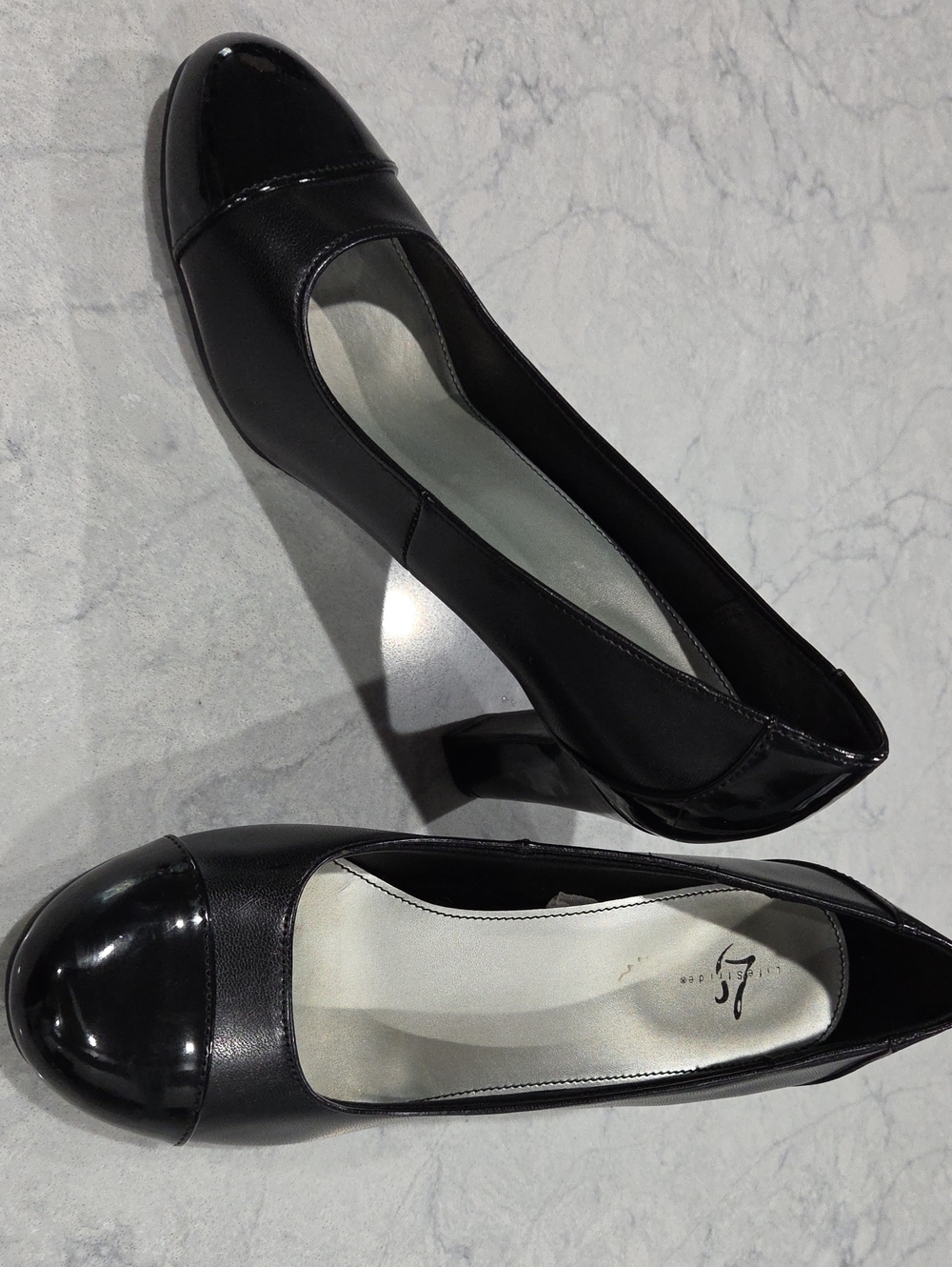 Life Stride Black Cap-Toe Mid Block Heel Pumps